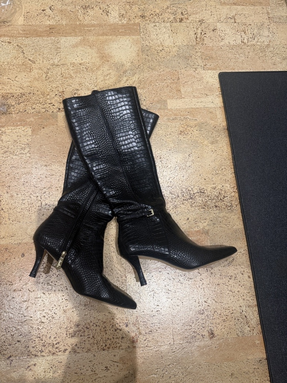 Charles David Black Croc-Embossed Knee-High Pointed Toe Boots - worn once